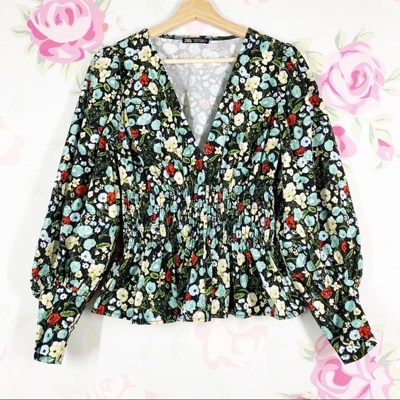 Zara Tops - ZARA Blouse S Floral Cottagecore Peplum Long Puff Sleeves